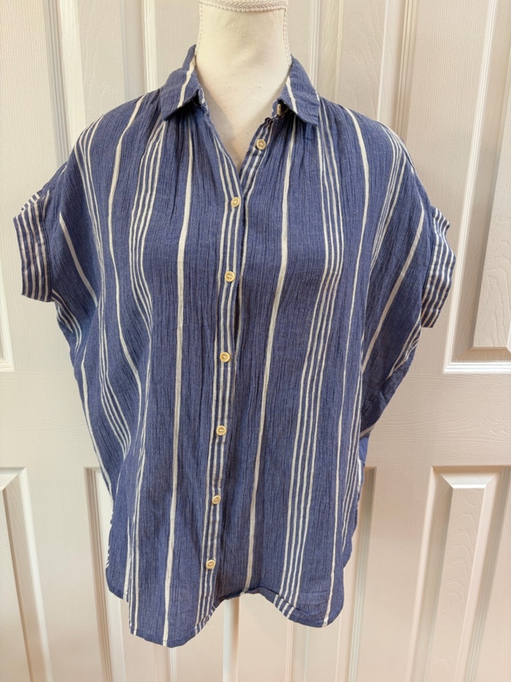 Madewell Navy and White Striped Cotton Short Sleeve Blouse Size S